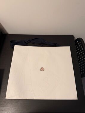 Moncler 19”x16.5”x6” White Paper Tote with Navy Ribbon Handles